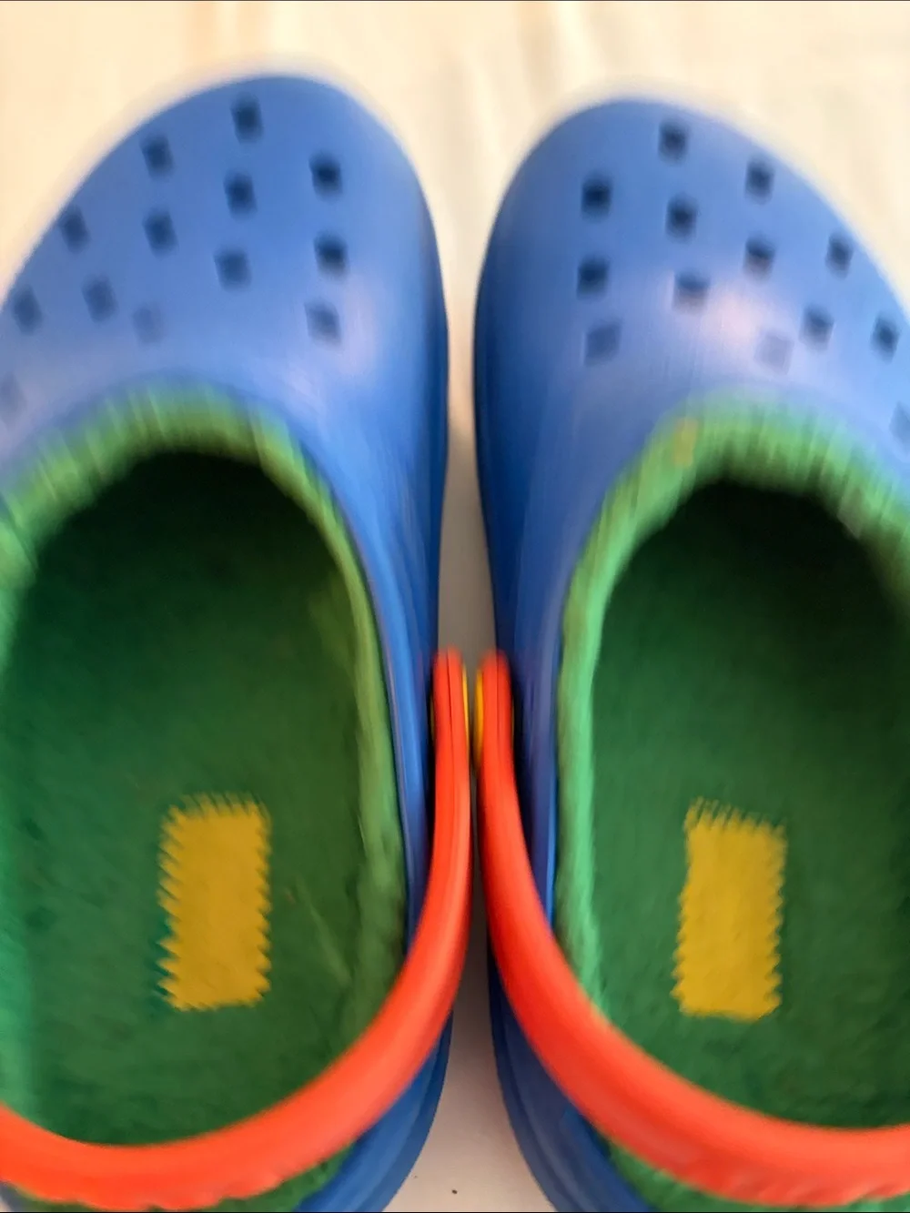 CROCS Kids Blue Clogs with Red Strap and Green Lining